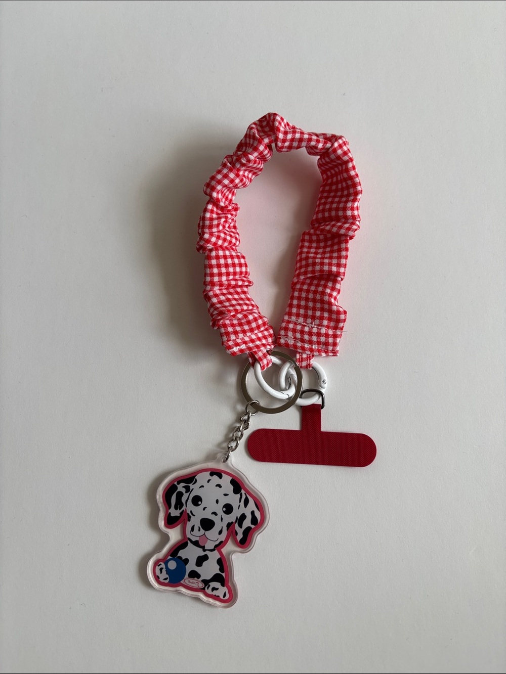 ♥️Handmade Red Gingham Scrunchie Phone Lanyard with Dalmatian Charm